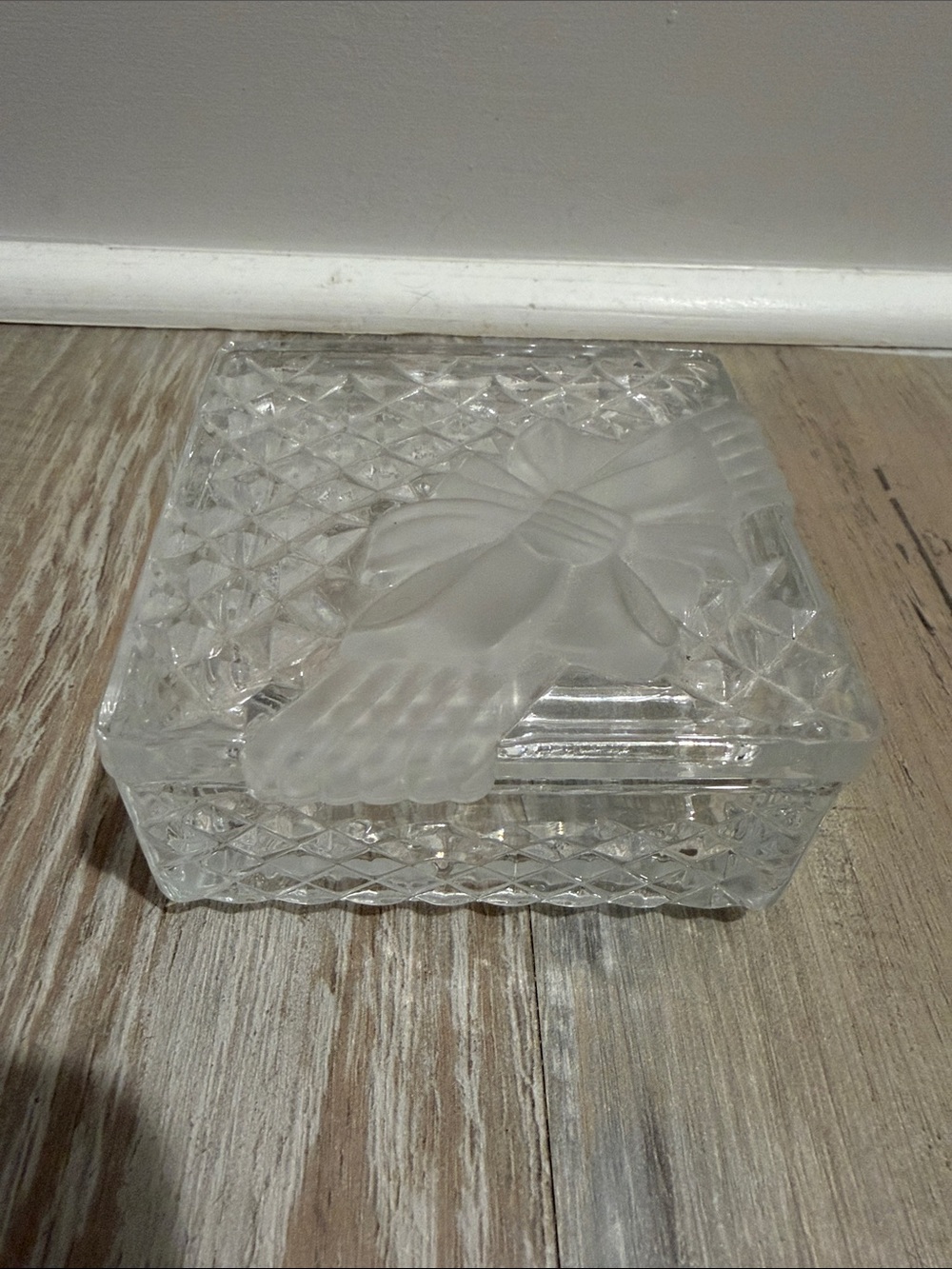 Vintage Cut Glass Trinket Box with Frosted Glass Bow